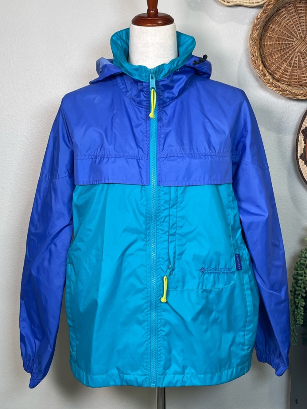 Columbia Windbreaker Jacket Medium Blue Neon Yellow Colorblock Packable Hooded